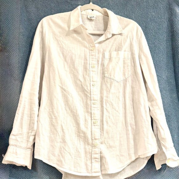 GAP white cotton linen-look casual shirt-tail hem, long-sleeved shirt size M - Picture 1 of 3